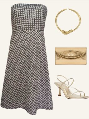 J.Crew Strapless Fit & Flare Midi Dress Black Ivory Print |Classic Preppy | Sz 6